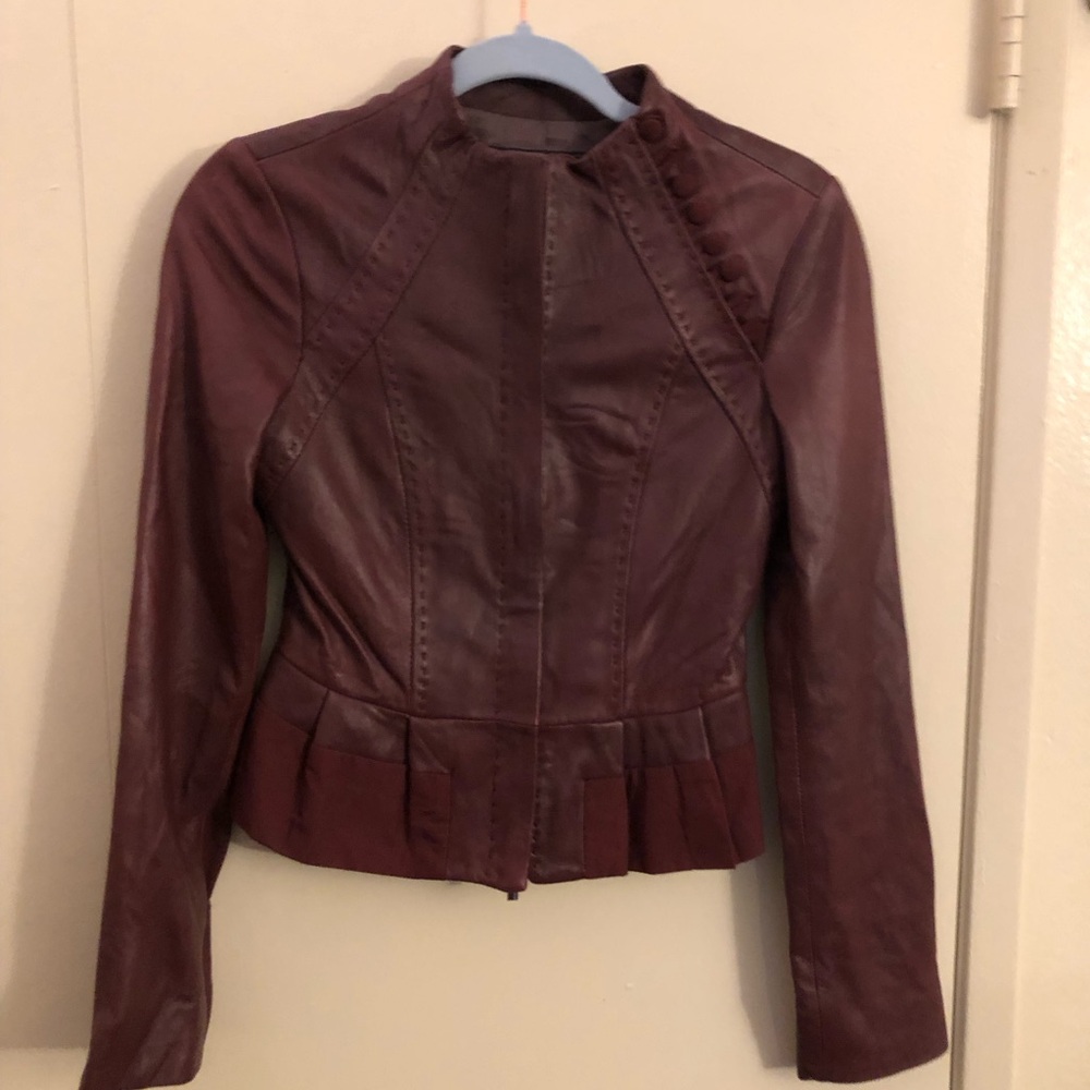 BCBGMaxAzria Burgundy Peplum Faux Leather Jacket